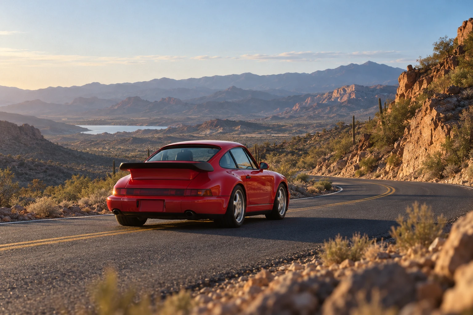 Red Porsche 964 Turbo on a winding Arizona desert road