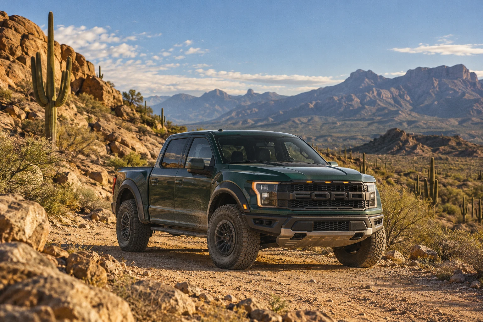 Forest green Ford F-150 Raptor on a rocky Sonoran Desert trail